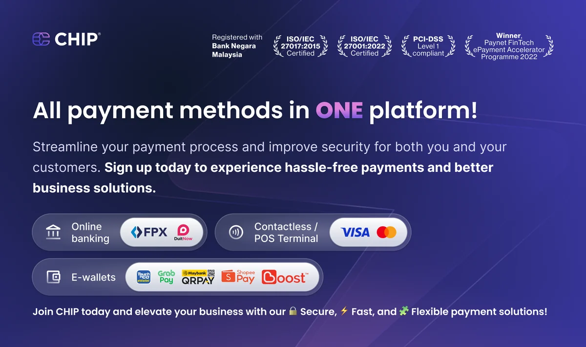 CHIP promotional artwork showing online banking, card and e-wallet payment options.